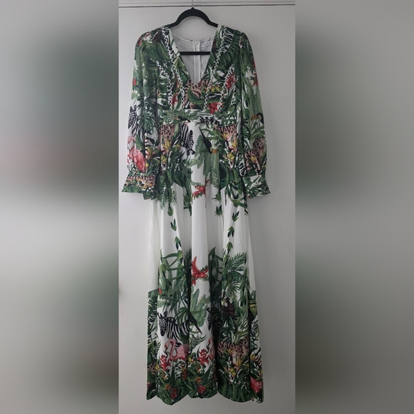 LONG SLEEVE V-NECK FRONT SLIT FLORAL PRINT MAXI DRESS - Picture 6 of 6